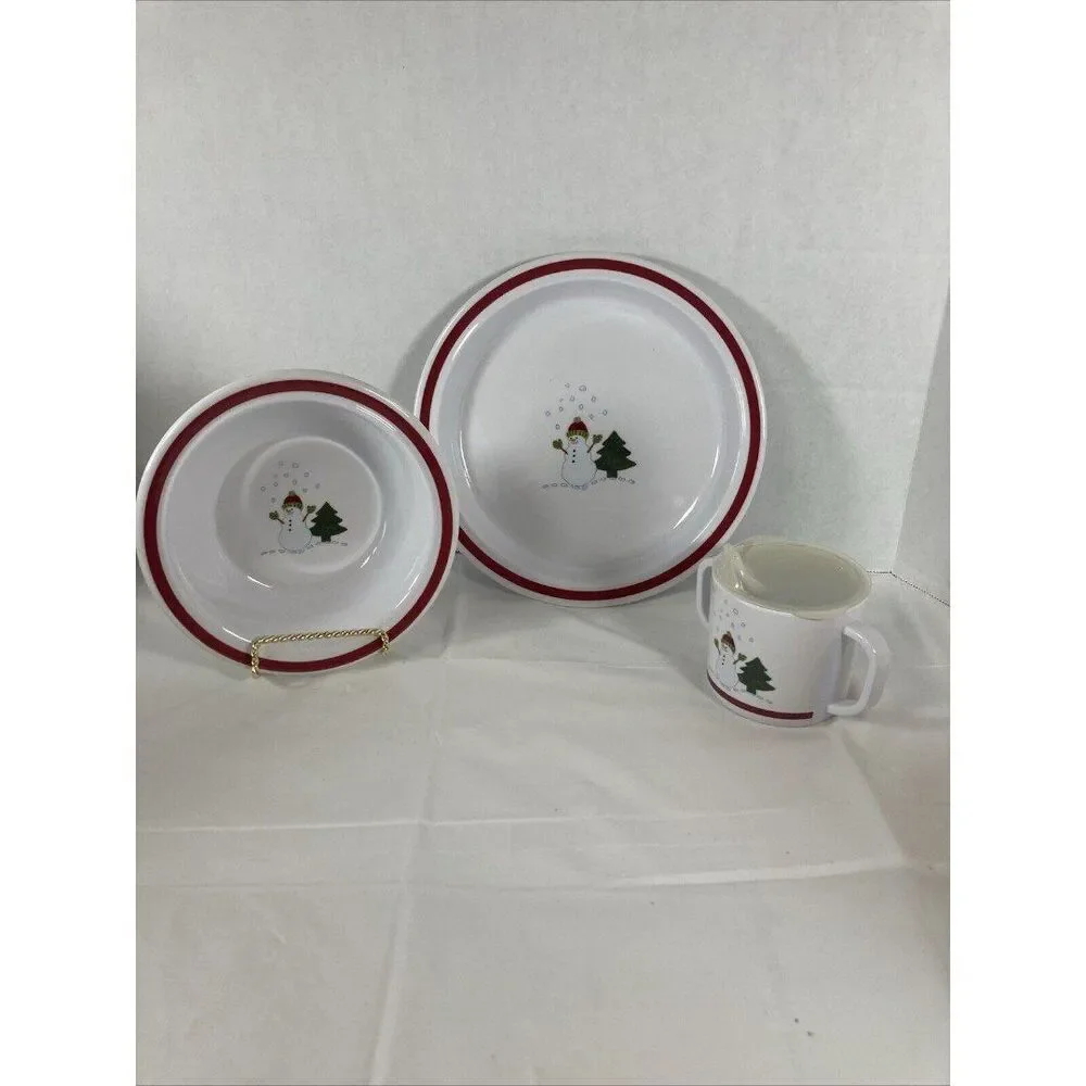 Pottery Barn Kids Snowman Plate Bowl Sippy Cup Christmas Holiday Plastic In Box
